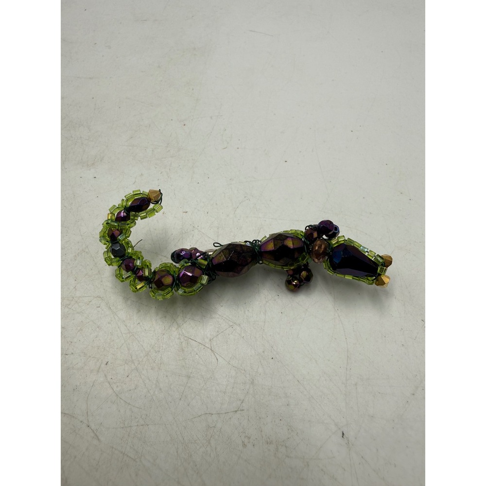 Vintage Handmade Beaded Lizard Brooch Iridescent Purple Green Wire Wrapped Pin